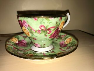 Royal Albert Old Country Rose Ruby Celebration Ribbon Green Chintz Cup & Saucer