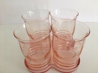 Pink Depression Glass 4 Tumblers With Holder