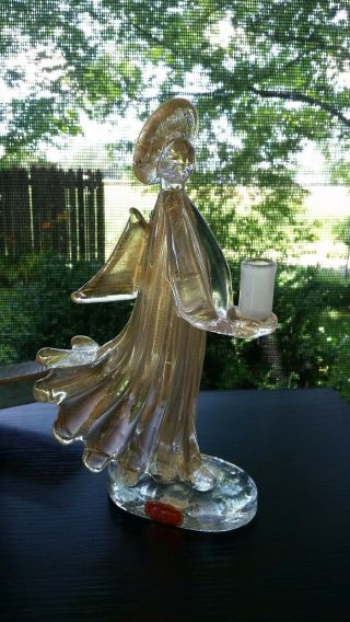 Vintage Murano Art Glass 9 1/2 " Christmas Angel Figurine With Gold Flecks