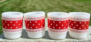 Vtg Fire King Milk Glass Retro Red Kitchen Polka Dot Lace Coffee Mug Cup 4 Set