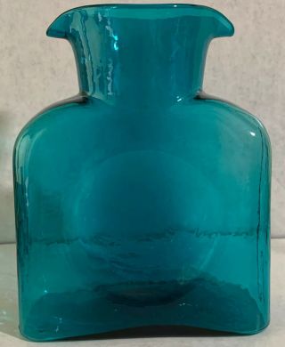 Blenko Double Spout Hand Blown Glass Pitcher Blue / Teal Color 8” Dated 2014