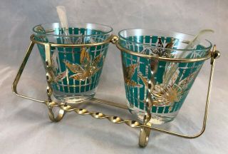 Vintage Fred Press Signed Condiment Set W/holder & Spoons - Turquoise & Gold
