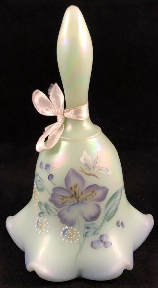Vtg Fenton Sea Green Glass Hand Painted Bell Iridescent Flowers Floral Signed