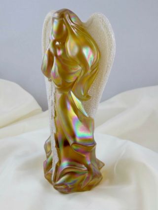 Autumn Gold Coralene Fenton Iridescent Carnival Glass Angel With Frosted Wing 7 "