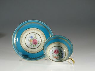 Aynsley Turquoise With Pink Rose Tea Cup And Saucer,  England C.  1936
