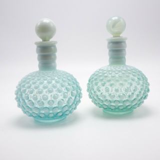 Fenton Hobnail Perfume Bottles With Stoppers Blue And Aqua Green Moonstone