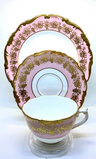 Antique Coalport Hazelton Pink Trio Cup,  Saucer,  Dessert Plate.  Scarce,  Stunning.