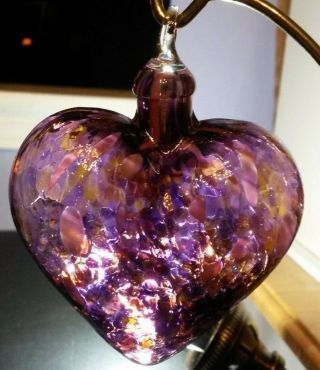 Kitras Art Glass Heart Calico Purple Amber Ornament Witch Ball Multi Color 3 "