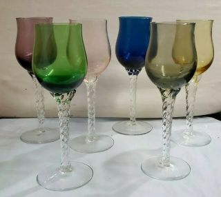 Set Of 6 Multi Color Vintage Hand Blown Twist Stem Wine/champagne Glasses 219