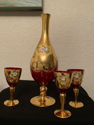 Antique Moser Bohemian Czech Art Glass Cranberry Decanter W/3 Cordial Glasses