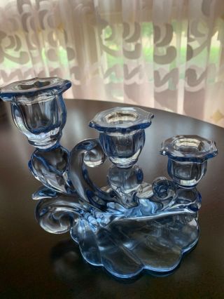 Vintage Blue Depression Glass 3 Candlestick Holder L E Smith Art