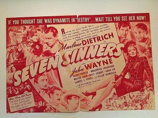 Vintage 1940 Movie Herald Seven Sinners Marlene Dietrich John Wayne Mischa Auer