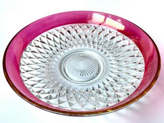 Vintage Indiana Glass Diamond Point Red Flash Cranberry Console Bowl