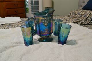 Indiana Carnival Glass Blue Pitcher And 4 Tumblers