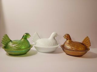 Vintage Indiana Glass Hen On A Nest - 1 Milkglass,  1 Green & 1 Marigold Carnival