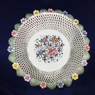 Stunning Caff Gubbio Pottery Italy 9” Round Bowl Open Weave Handpainted Flowers