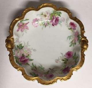 Vtg Limoges France Coronet Serving Bowl Gold Gilded W/ Handpainted Flowers 9.  5 "