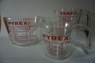 Vintage Set Of 3 Pyrex Glass Measuring Cups Open Handle (4,  2,  And 1 Cup)