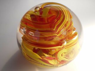 Vintage Hand Blown Art Glass Swirl Paperweight - Orange/red And Yellow