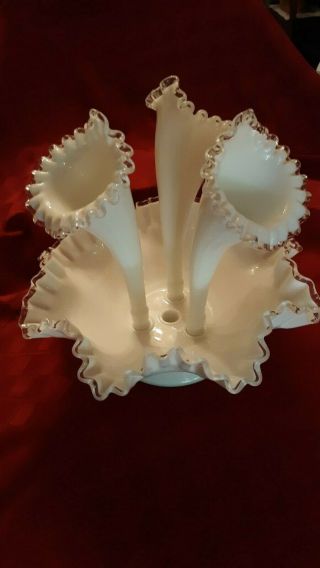 Vintage Fenton Milk Glass 3 - Horn Epergne Vase/flower Bowl W/clear Fluted Edges