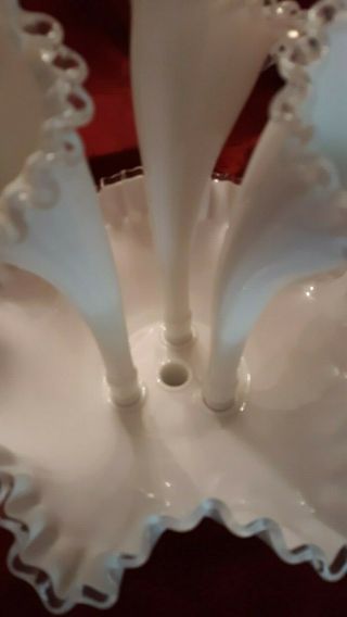 Vintage Fenton Milk Glass 3 - Horn Epergne Vase/Flower Bowl w/Clear Fluted Edges 2