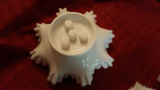 Vintage Fenton Milk Glass 3 - Horn Epergne Vase/Flower Bowl w/Clear Fluted Edges 5