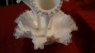 Vintage Fenton Milk Glass 3 - Horn Epergne Vase/Flower Bowl w/Clear Fluted Edges 7