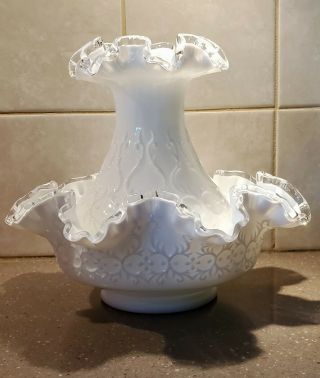 Fenton 2 Piecespanish Lace Milk Glass Vase With Clear Glass Trimmed Ruffled Edge