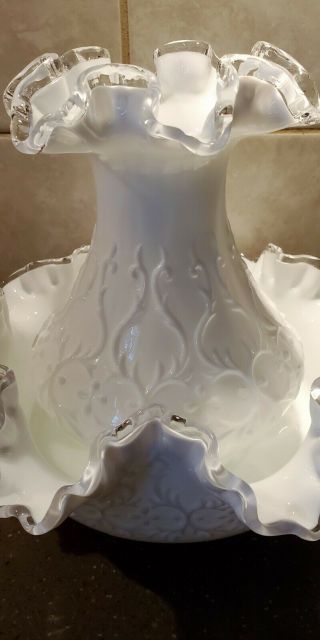 Fenton 2 pieceSpanish Lace Milk Glass Vase with Clear Glass Trimmed Ruffled Edge 2