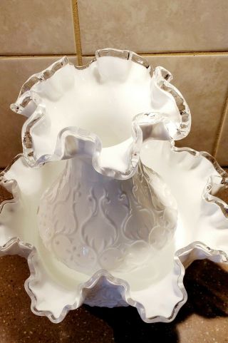 Fenton 2 pieceSpanish Lace Milk Glass Vase with Clear Glass Trimmed Ruffled Edge 3