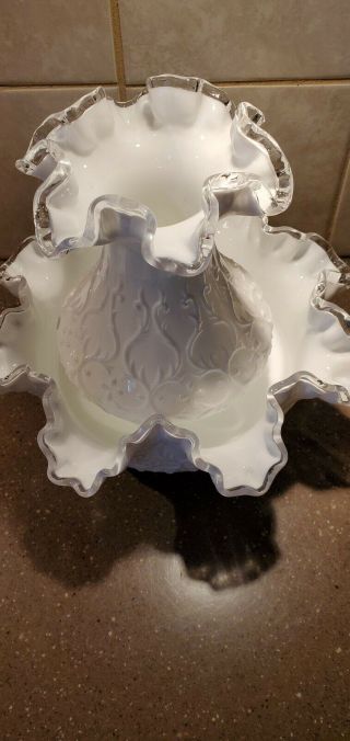 Fenton 2 pieceSpanish Lace Milk Glass Vase with Clear Glass Trimmed Ruffled Edge 4