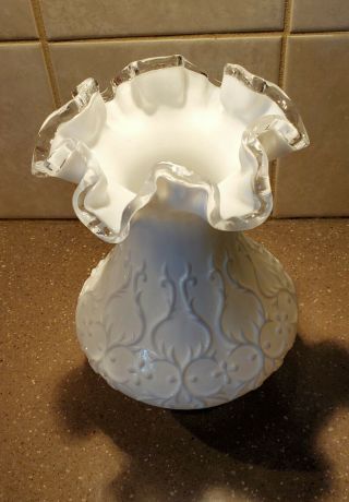Fenton 2 pieceSpanish Lace Milk Glass Vase with Clear Glass Trimmed Ruffled Edge 8
