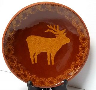 1984 Ned Foltz Pottery Reindeer Moose 10 " Plate Coggle Edge Sponge Redware Rare
