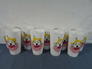 Set Of 9 Vintage Hazel Atlas Milk Glass Clown Tumblers