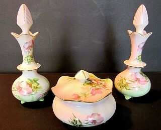 Antique Nippon Hand Painted Wild Roses Porcelain 3pc.  Vanity /dresser Set
