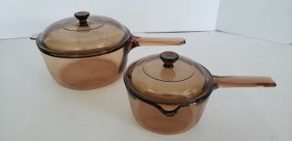 Vintage Pyrex Corning Visions 2.  5 L & 1 L Sauce Pan & Lid - Pour Spout - Amber