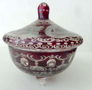 Deep Red Bohemian Glass Candy Dish W Lid / Footed Cut - To - Clear / Stag Castle
