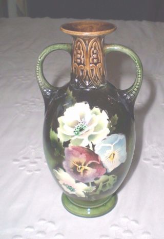 Antique Czech Art Pottery Majolica Vase / Urn Enamel Flowers
