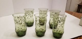 Crazy Daisy Libbey Green Flower Glasses Set - 6 - 12 Oz Tumblers