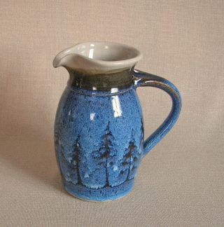 Potterybydave - Round Stoneware Jug - Pitcher - Blue W/ Pine Tree Design - Large