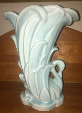Vintage Mccoy Pottery Swan Vase 1940s Matte Blue - Green,