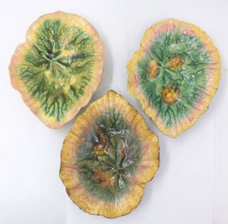 Set Of 3 Antique Griffen Smith & Hill Etruscan Majolica Pottery Leaf Dish Dishes