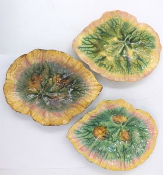 Set of 3 Antique Griffen Smith & Hill Etruscan Majolica Pottery Leaf Dish Dishes 2