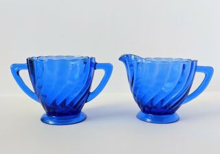 Vintage Jeanette Cobalt Blue Swirl Pattern Cream And Sugar Bowl Depression Glass
