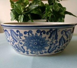 Blue Pottery Bowl Vintage Large Heavy 18.  5 " Inside X 9.  5 " Base Floral 4.  75 " High
