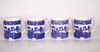 Set Of 4 Vintage Porcelain Blue Willow Coffee Mugs Made In Japan