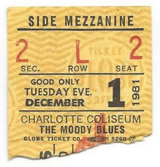 The Moody Blues 1981 Concert Ticket Stub Charlotte Nc Coliseum 12/1/1981