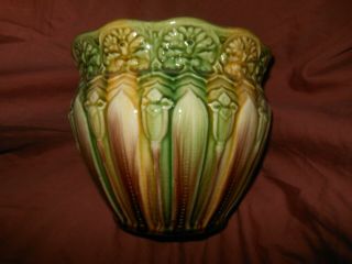 Vintage Art Pottery Jardiniere Planter Green Brown Majolica Flower Daffodil? 214