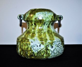 Raymor Italy Mid Century Modern Textured Heavily Glazed Vase Brass Handles