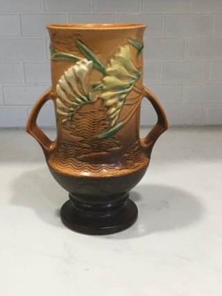 Vintage Roseville Pottery Freesia Two Handled Vase 123 - 9 " Brown Floral Read